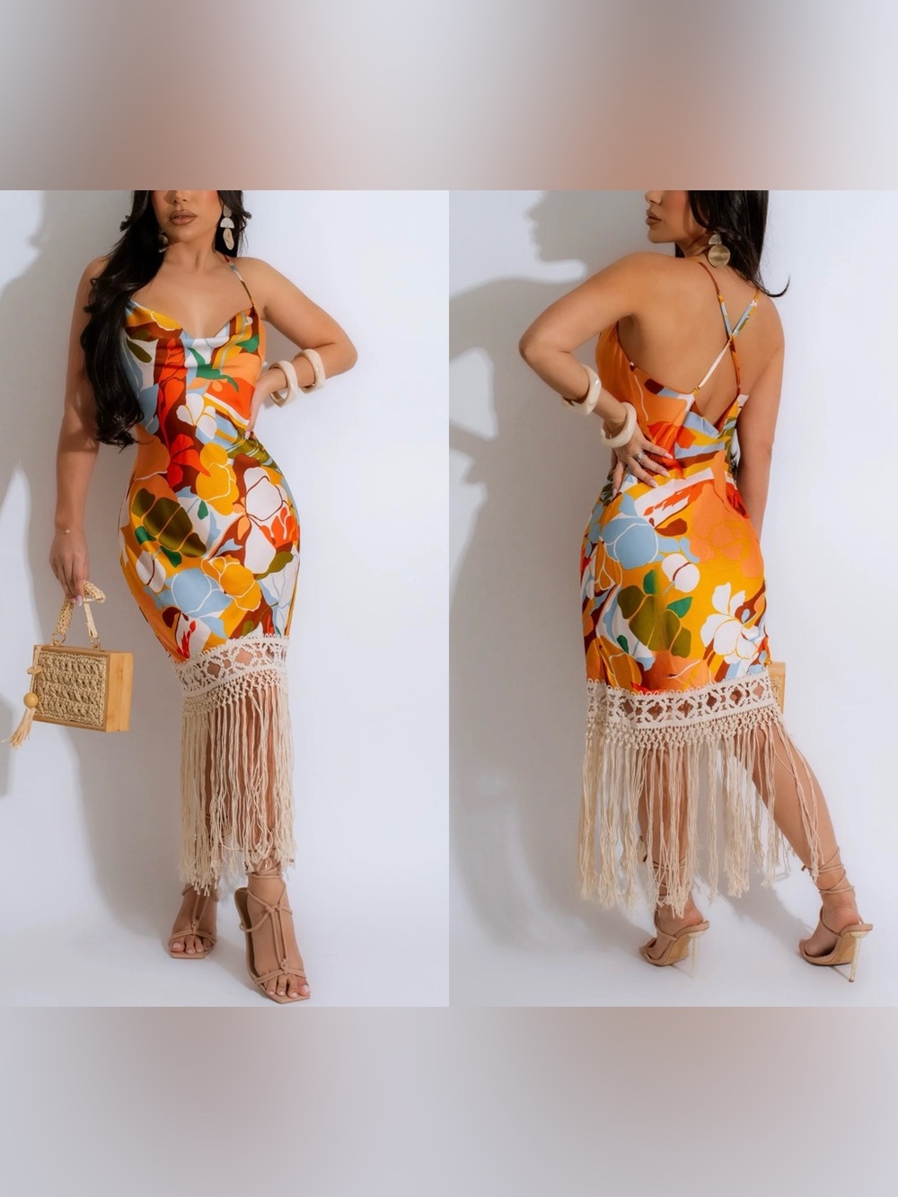 AaKaa Tropical Fringe Midi Dress Orange Floral Resort Vacation Cover Up Size L